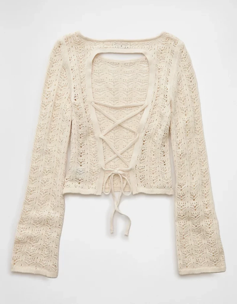 AE Lace-Up Back Crochet Sweater