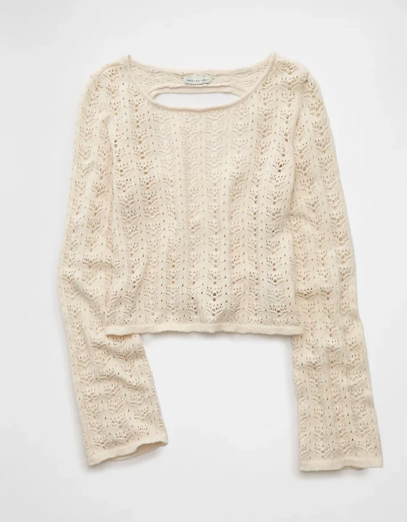 AE Lace-Up Back Crochet Sweater