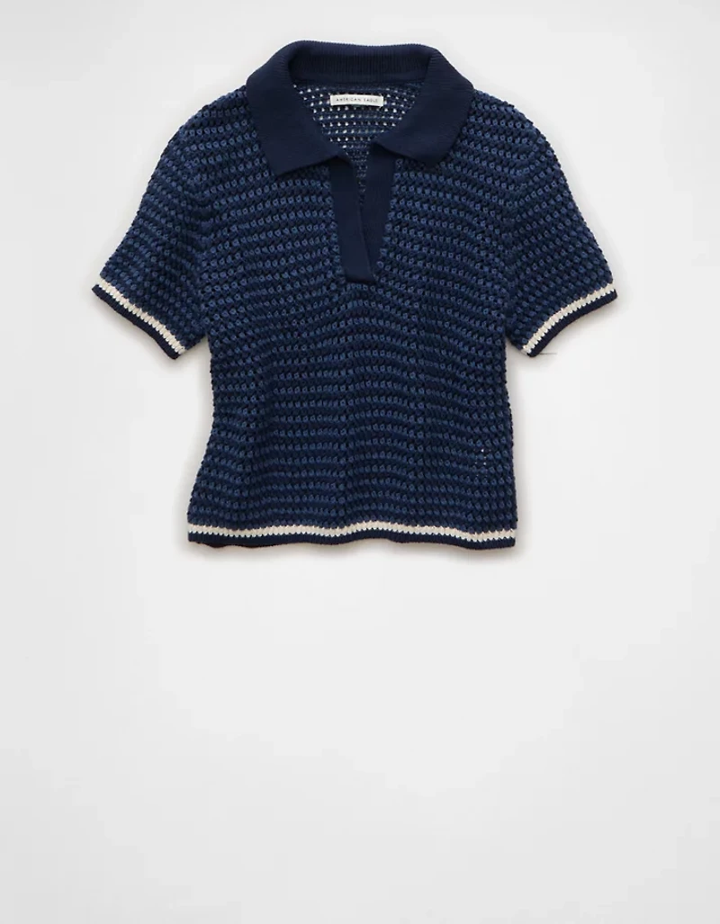 AE Cropped Crochet Sweater Polo Shirt