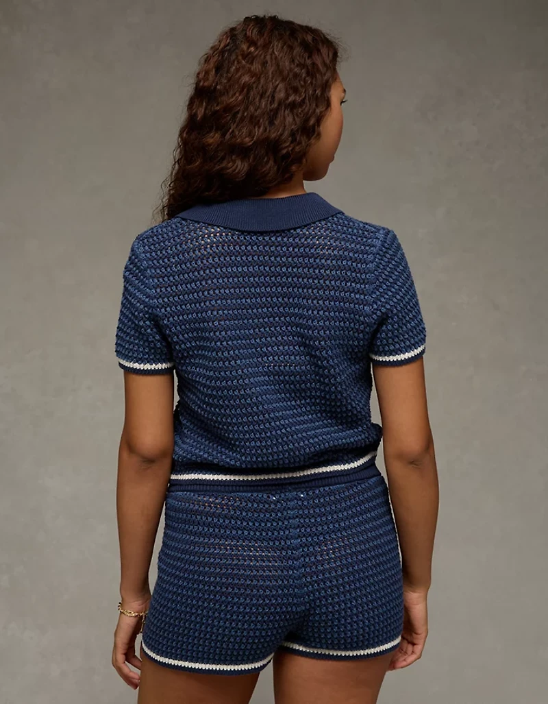 AE Cropped Crochet Sweater Polo Shirt