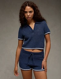 AE Cropped Crochet Sweater Polo Shirt