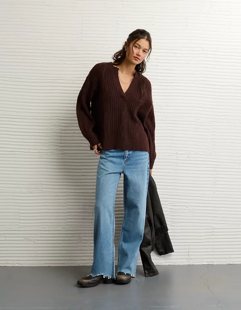 AE Whoa So Soft Notch Neck Cable Sweater