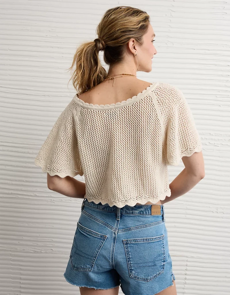 AE Off-the-Shoulder Cropped Crochet Tee