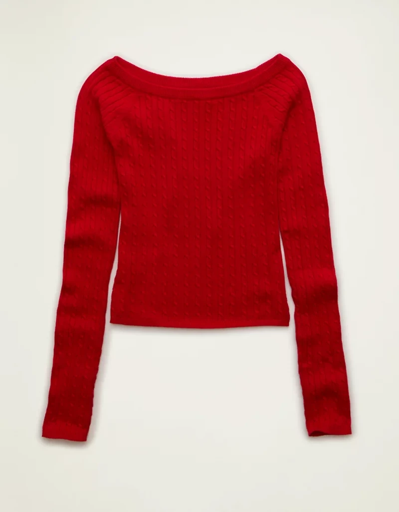 AE Fitted Off-the-Shoulder Cable Knit Sweater