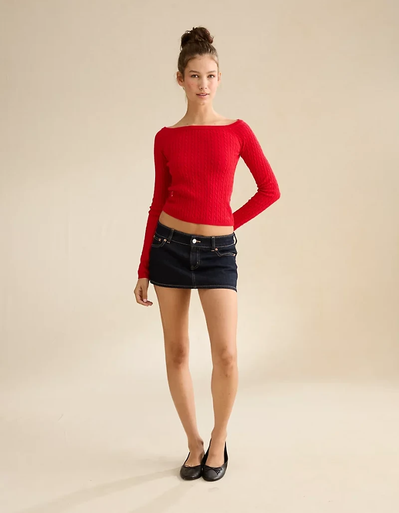 AE Fitted Off-the-Shoulder Cable Knit Sweater