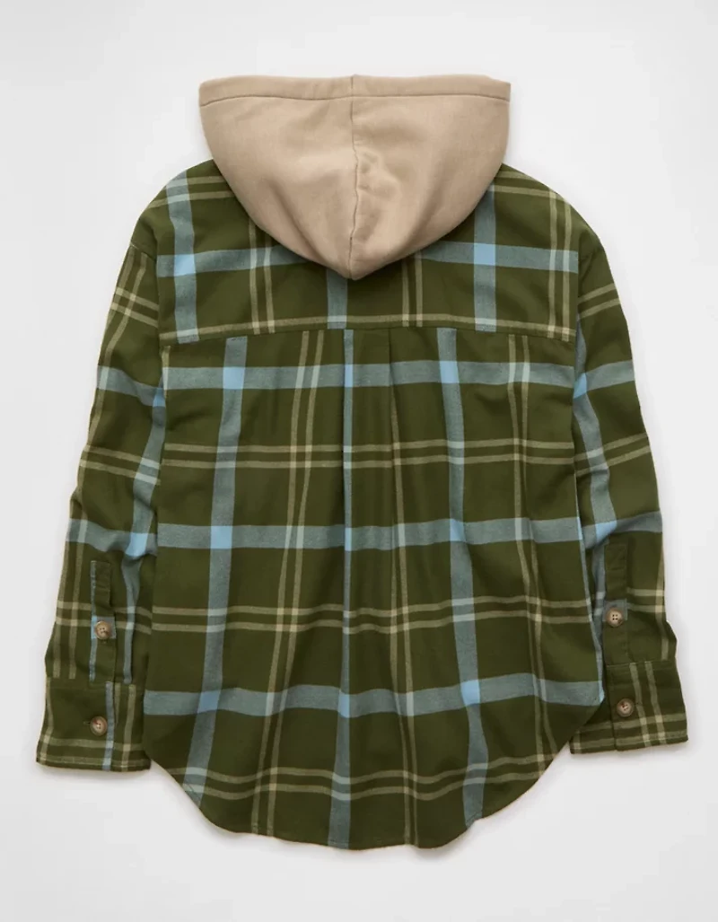 AE Plaid Hooded Button-Up Shirt