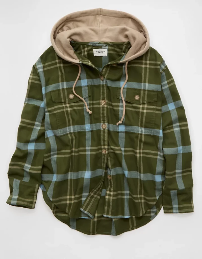 AE Plaid Hooded Button-Up Shirt