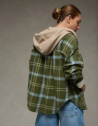 AE Plaid Hooded Button-Up Shirt
