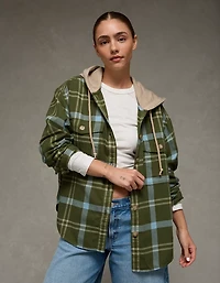 AE Plaid Hooded Button-Up Shirt