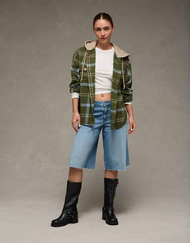 AE Plaid Hooded Button-Up Shirt