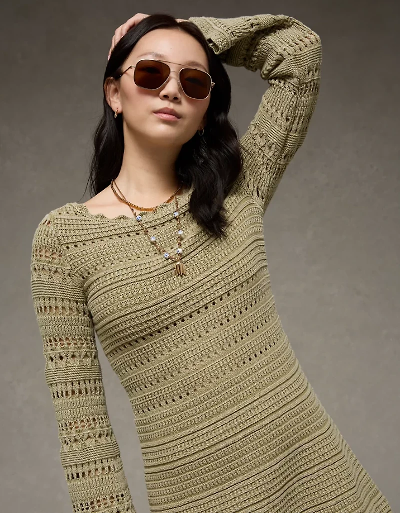 AE Long-Sleeve Open Stitch Sweater Mini Dress