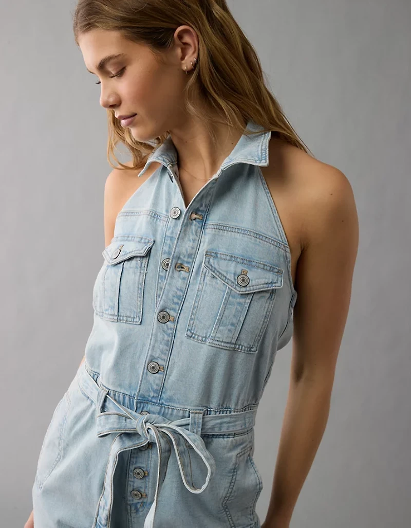 AE Denim Collared Halter Jumpsuit