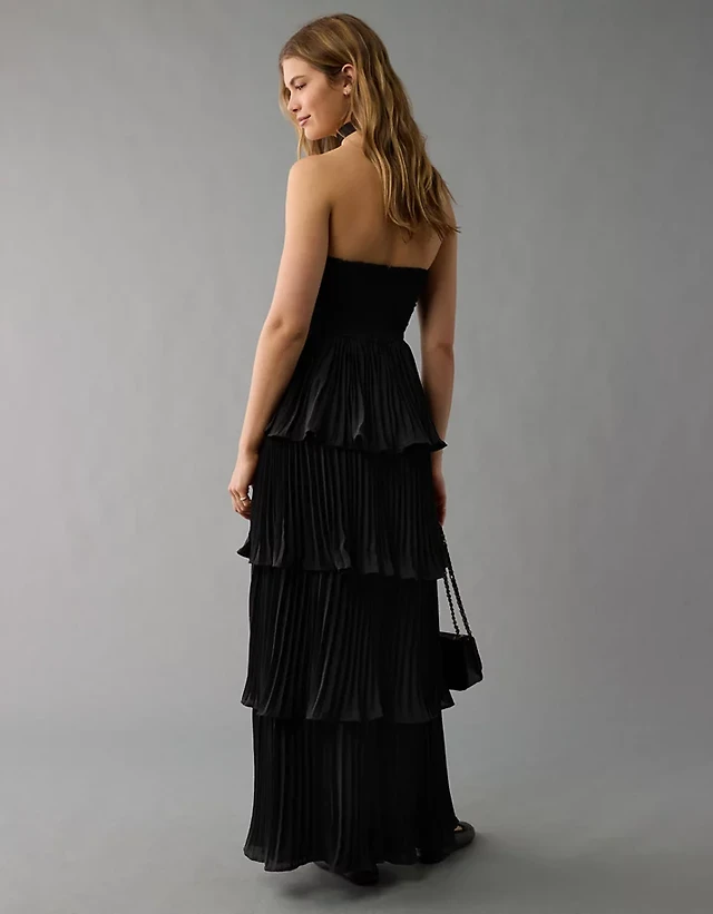 chinese dress ladies Tiered Pleated Tie-Neck Dress