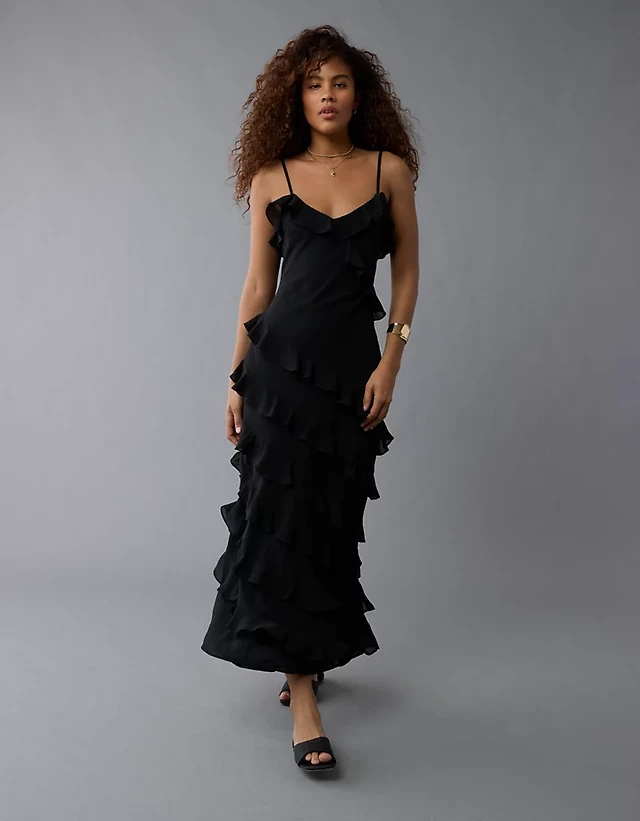 ae asymmetrical ruffle maxi slip dress Length:Floor Length SD-384-Chambray played dress to impress!! The full lining prevents