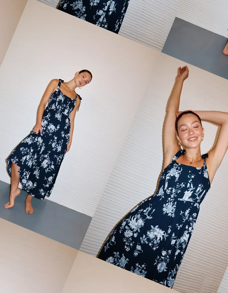 Robe mi-longue à fleurs de style corset avec bretelles nouées AE