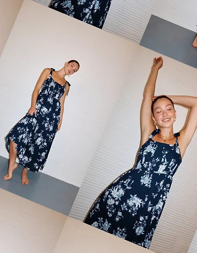 Robe mi-longue à fleurs de style corset avec bretelles nouées AE