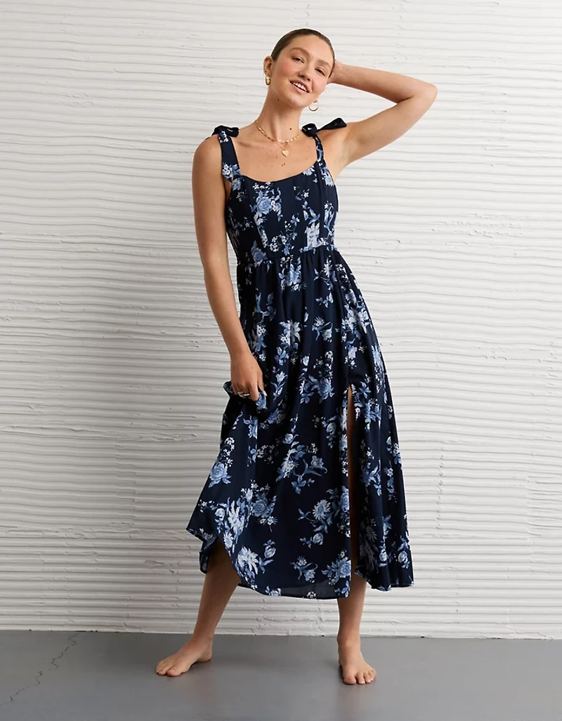 Robe mi-longue à fleurs de style corset avec bretelles nouées AE