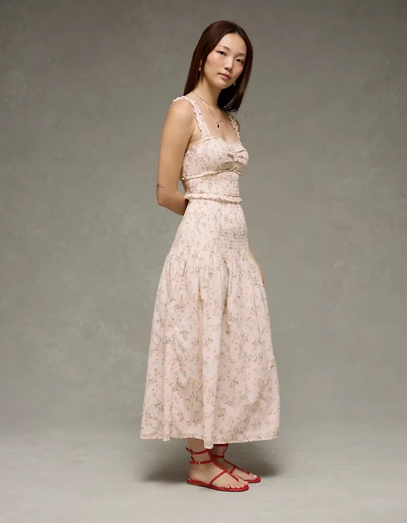 Robe mi-longue à motif floral smocks corset Catie AE