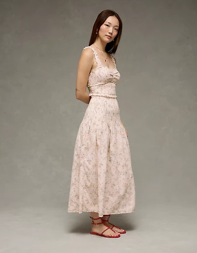 Robe mi-longue à motif floral smocks corset Catie AE