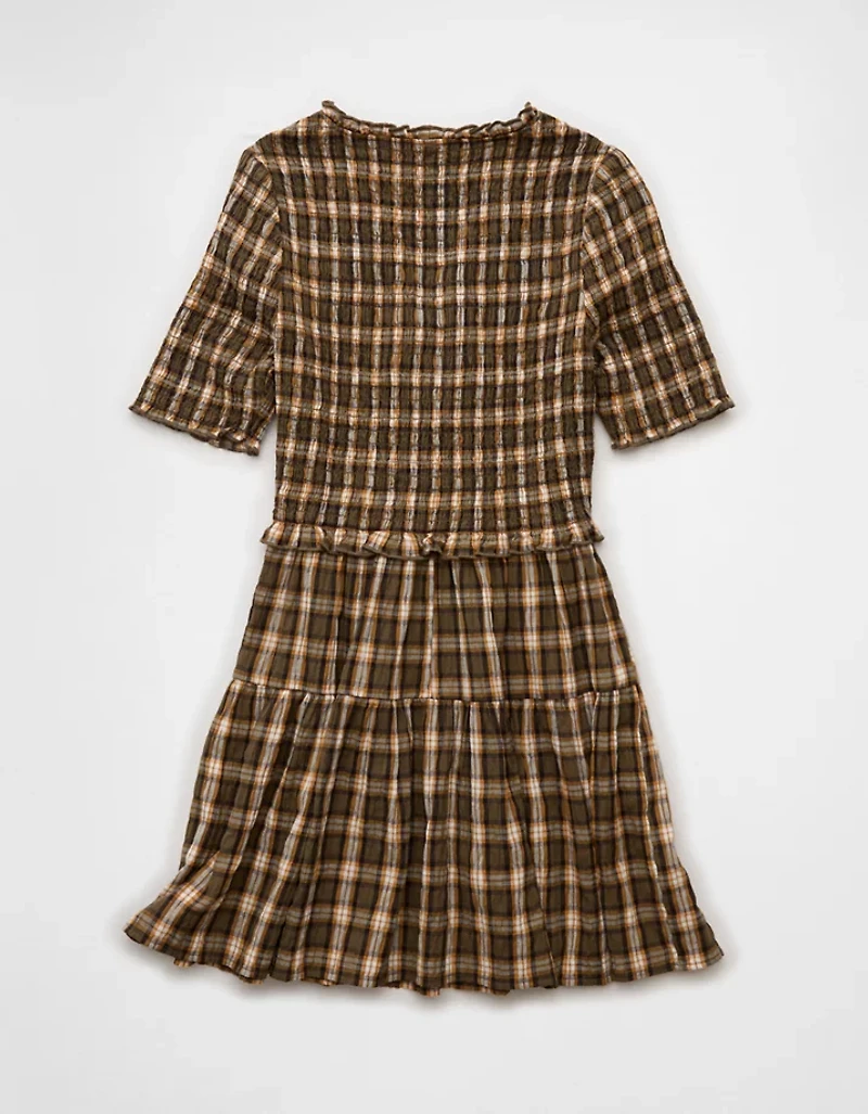 AE Puff Sleeve Tie Front Plaid Mini Dress
