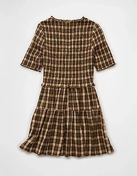 AE Puff Sleeve Tie Front Plaid Mini Dress