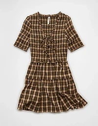 AE Puff Sleeve Tie Front Plaid Mini Dress