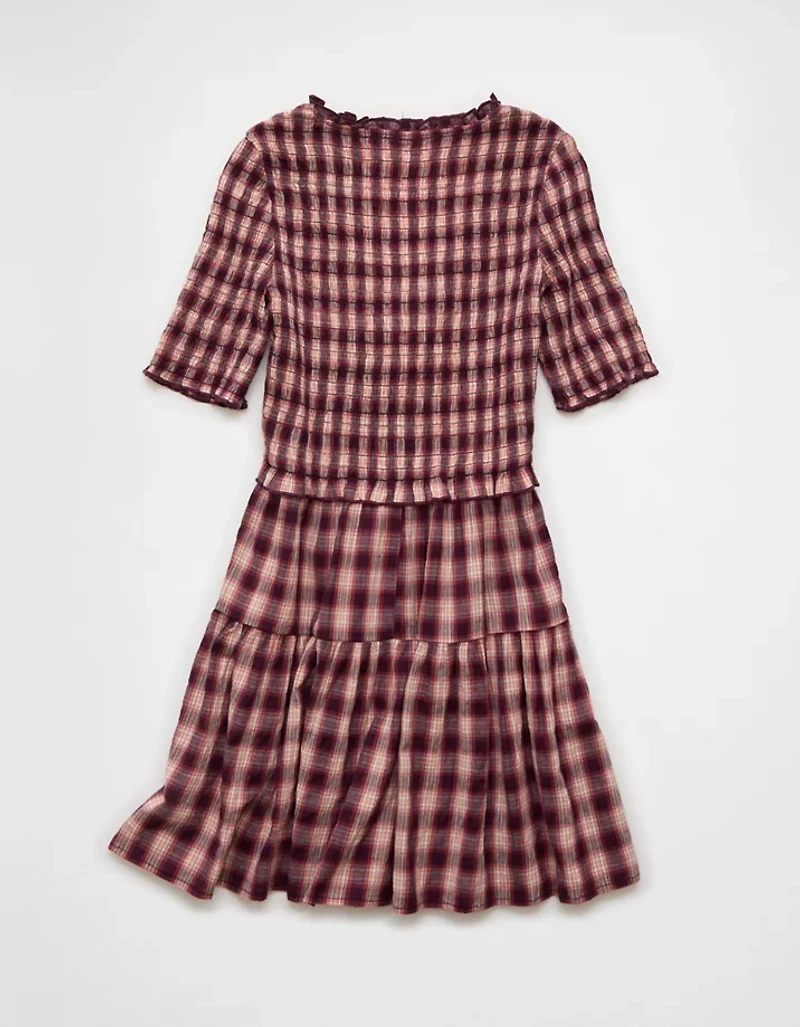 AE Puff Sleeve Tie Front Plaid Mini Dress