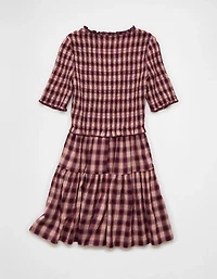 AE Puff Sleeve Tie Front Plaid Mini Dress