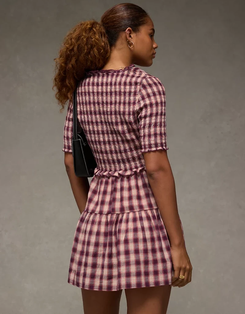 AE Puff Sleeve Tie Front Plaid Mini Dress