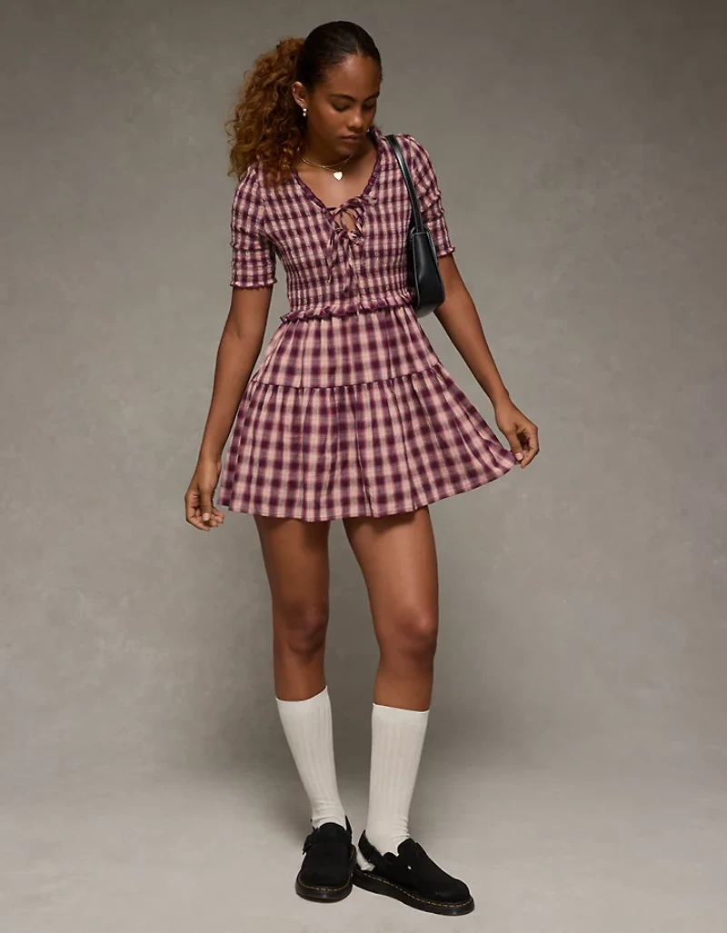 AE Puff Sleeve Tie Front Plaid Mini Dress