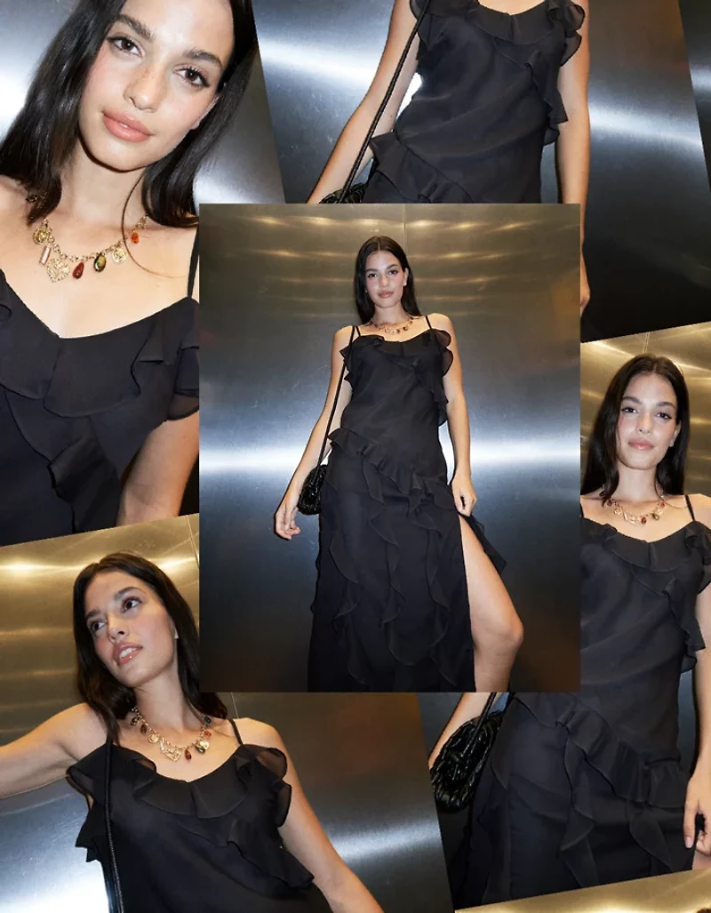 AE Asymmetrical Ruffle Maxi Slip Dress