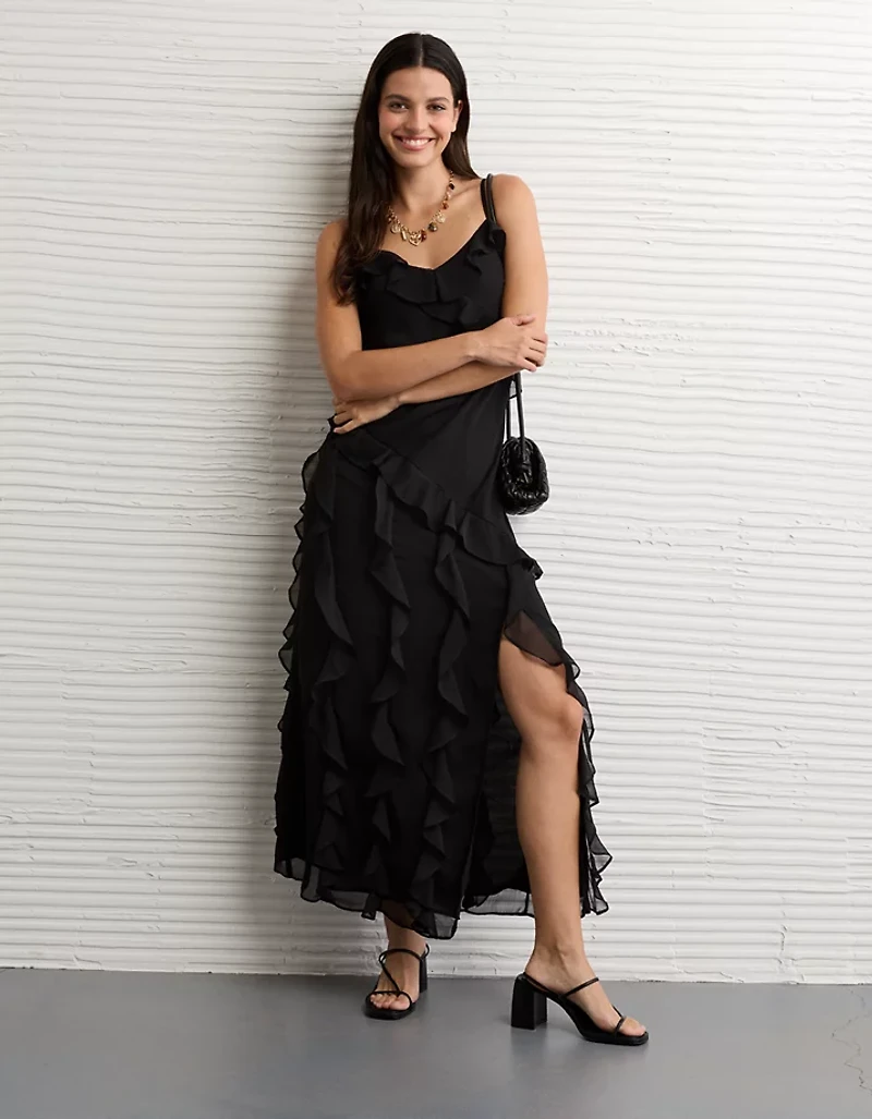 AE Asymmetrical Ruffle Maxi Slip Dress