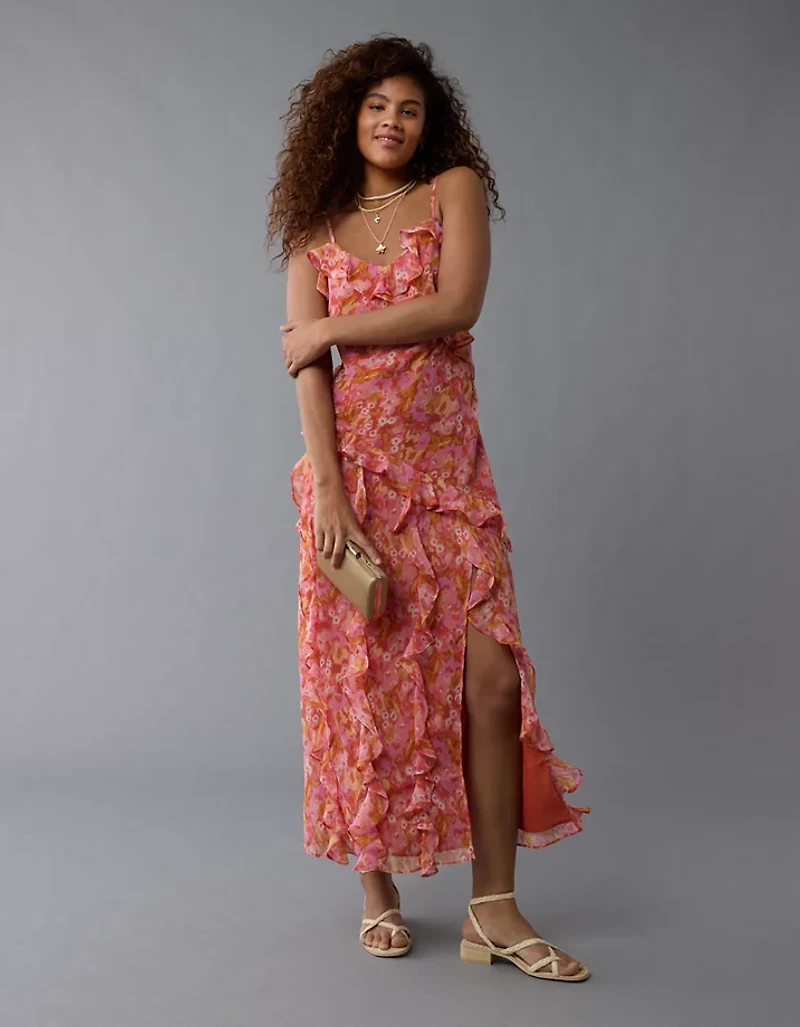 AE Asymmetrical Ruffle Maxi Slip Dress