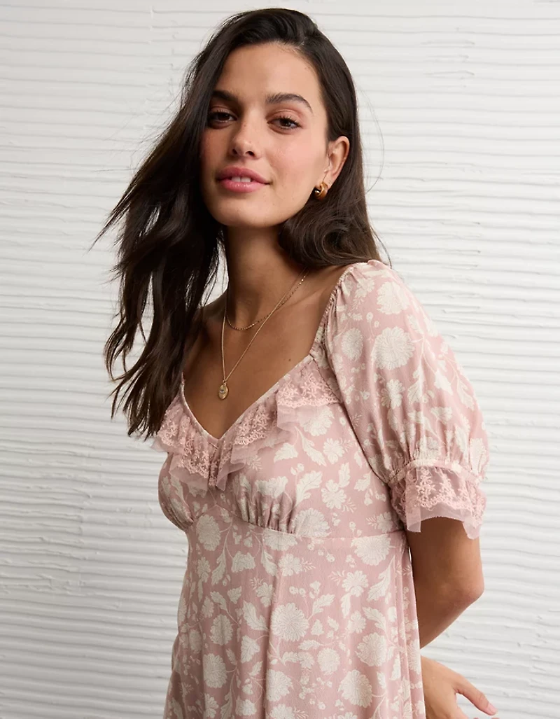 AE Printed Lace Tie Front Mini Dress