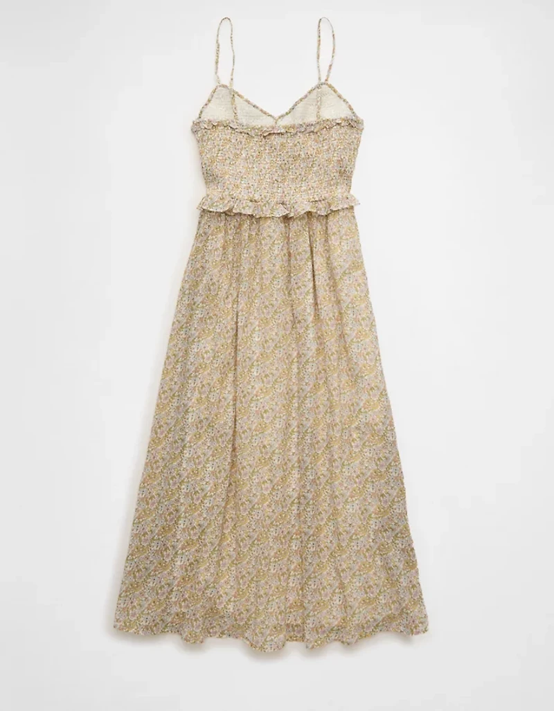 Robe mi-longue à smocks et encolure en V AE