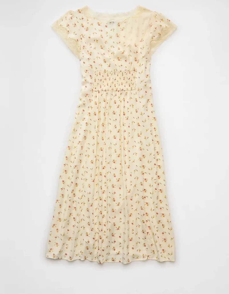 AE Lace Trim Tie-Front Midi Dress