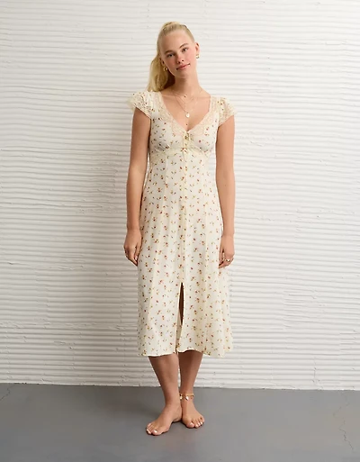 AE Lace Trim Tie-Front Midi Dress