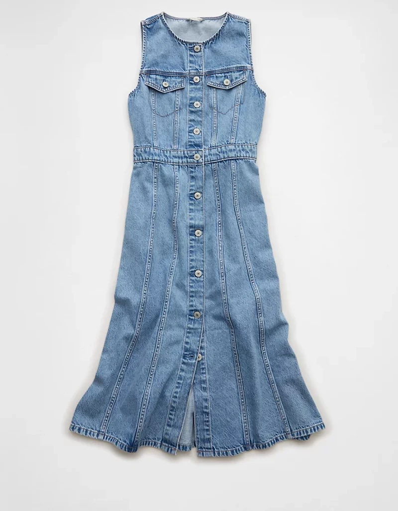 AE Button-Up Denim Midi Dress