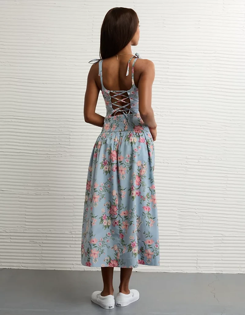 Robe mi-longue à bretelles nouées décolleté en cœur AE