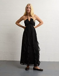 AE Ruched & Ruffled Halter Maxi Dress