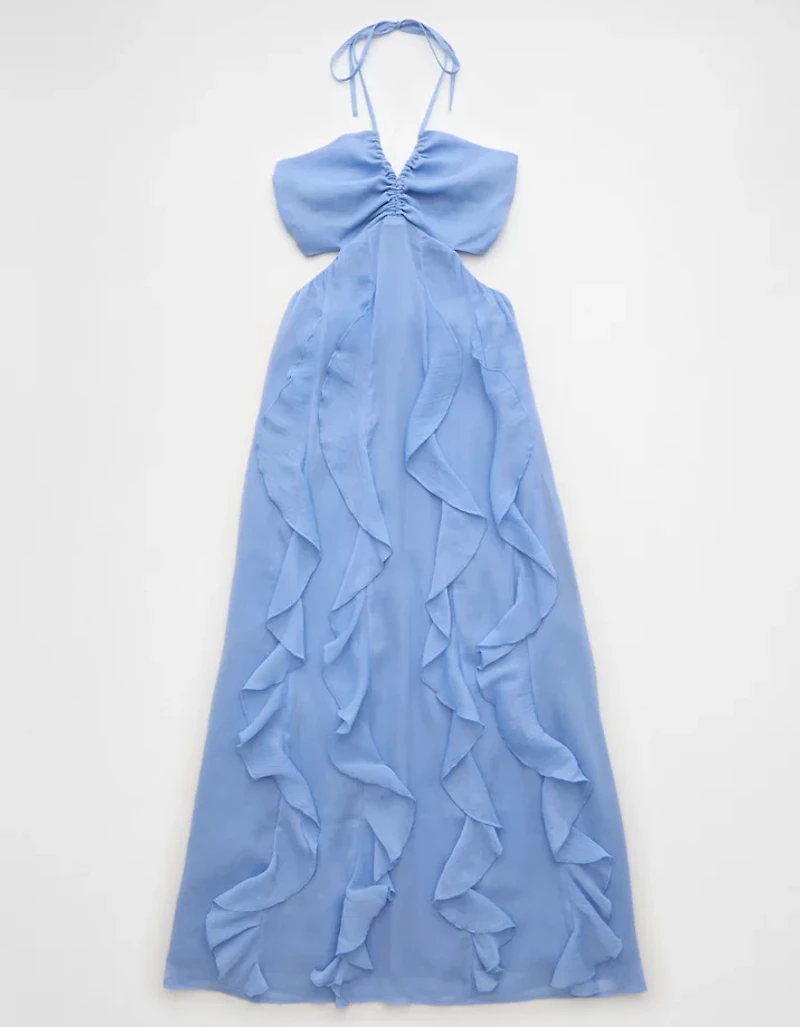 AE Ruched & Ruffled Halter Maxi Dress