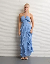 AE Ruched & Ruffled Halter Maxi Dress