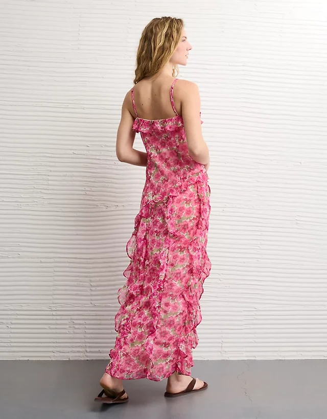 afrm halter ruffle maxi dress AFRM Sid Kiss Red Sheer Mesh Halter Maxi Dress