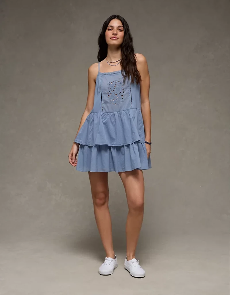 AE Babydoll Lace-Embroidered Tiered Mini Dress