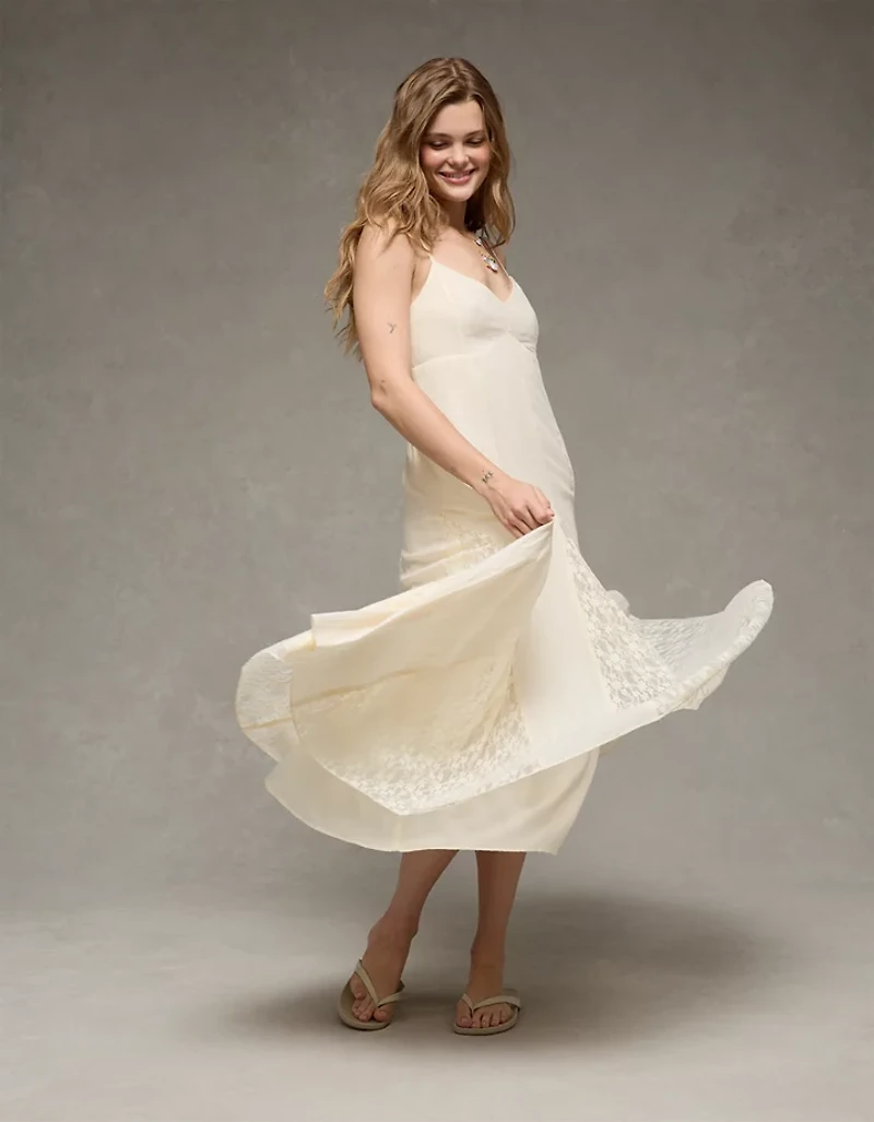 AE V-Neck Pleated Lace Midi Dress