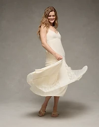 AE V-Neck Pleated Lace Midi Dress