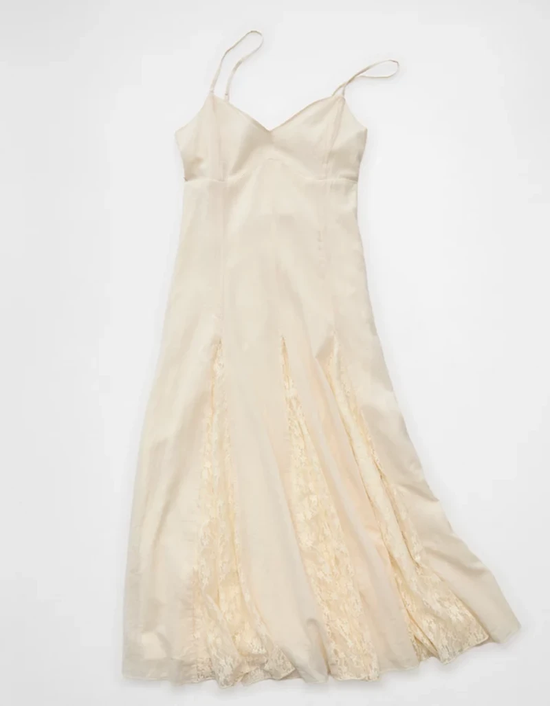 AE V-Neck Pleated Lace Midi Dress