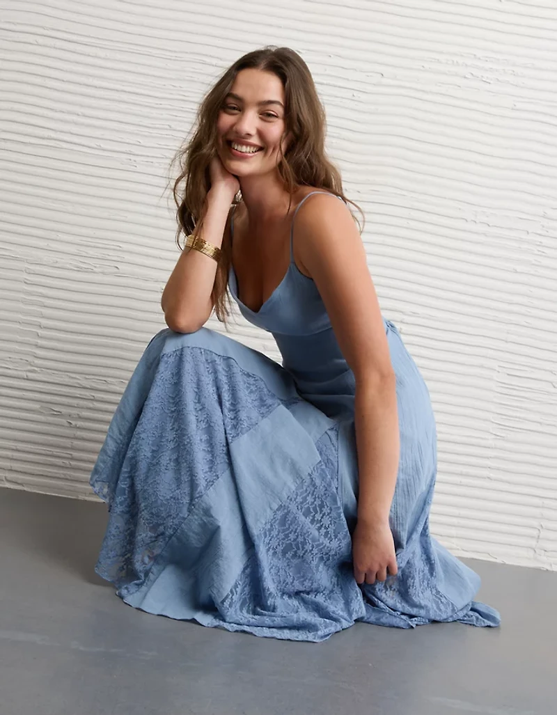 AE V-Neck Pleated Lace Midi Dress