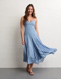 AE V-Neck Pleated Lace Midi Dress