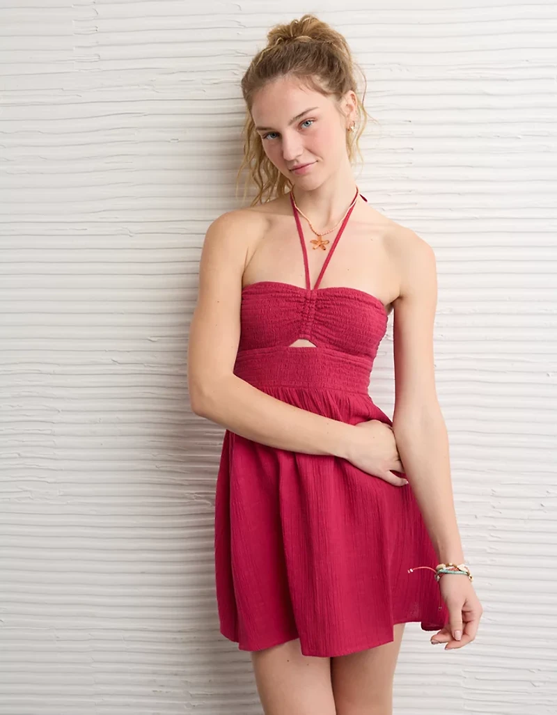 AE Smocked Keyhole Halter Mini Dress